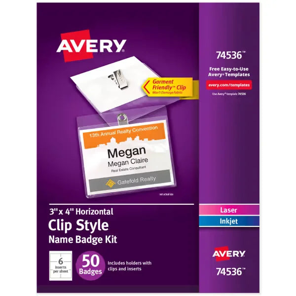 Avery&reg; Customizable Name Badges with Clips, 3" x 4", Clear Name Tag Holders with White Printable Inserts, 50 Clip Style Name Badges for Laser and Inkjet (74536)