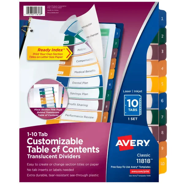 Avery&reg; Ready Index&reg; Plastic 10 Tab Binder Dividers, Customizable Table of Contents, Multicolor Tabs, 1 Set (11818)