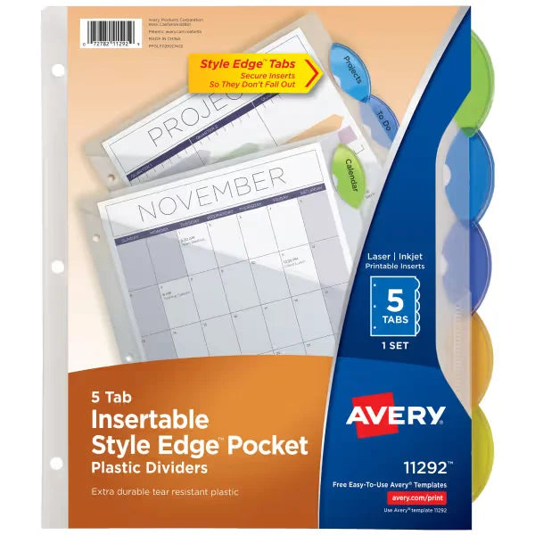 Avery&reg; Big Tab&trade; Plastic Dividers with Pockets, 5-Tab, Multicolor, Works With Sheet Protectors (11292)