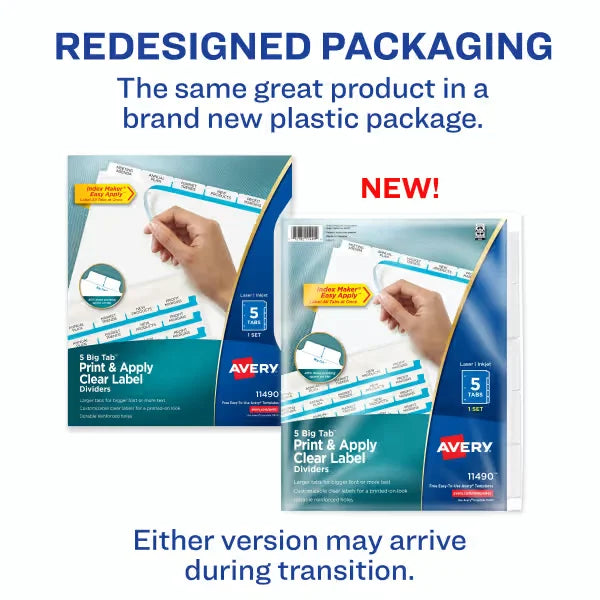 Avery&reg; Big Tab&trade; Print & Apply Clear Label Dividers, Index Maker&reg; Easy Apply&trade; Printable Label Strip, 5 White Tabs (11490)