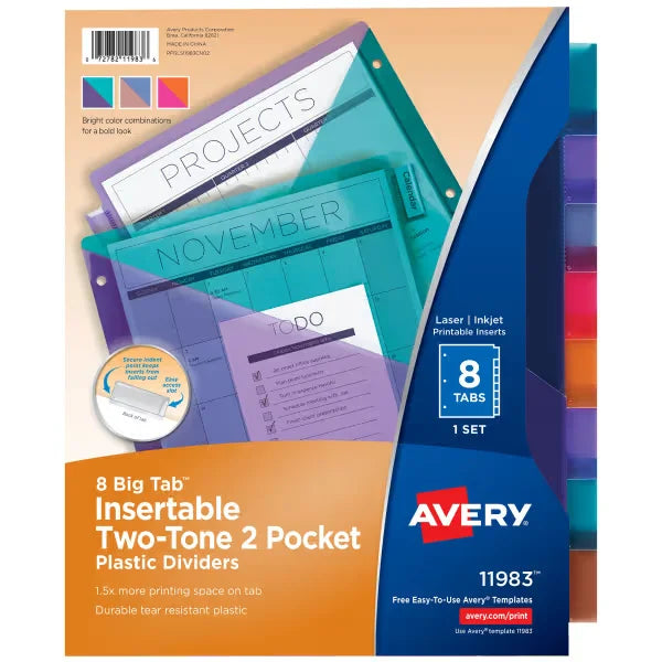 Avery&reg; Big Tab&trade; Plastic 2 Pocket Insertable Tab Dividers, 8-Tab, Two-Tone Multicolor, Works With Sheet Protectors (11983)