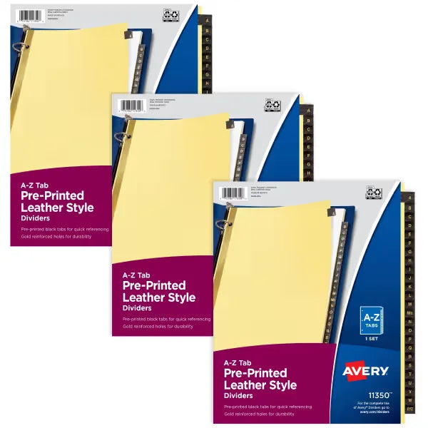 Avery&reg; A-Z Pre-Printed Dividers for 3 Ring Binders, 25-Tab Sets, Black Leather Tabs, 3 Sets (21350)