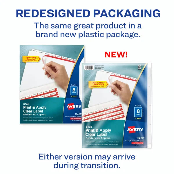 Avery&reg; Print & Apply Clear Label Dividers, Index Maker&reg; Easy Peel&reg; Printable Labels for Copiers, 8 White Tabs, 5 Sets (11422)