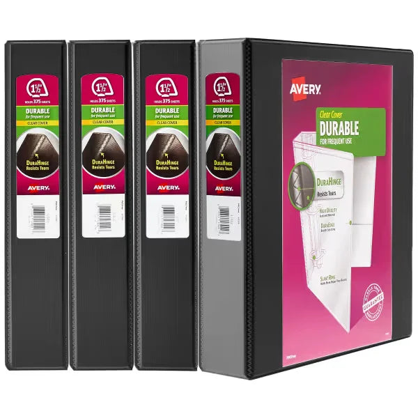 Avery&reg; Durable View Binder, 1.5" Slant Ring, 375-Sheet Capacity, DuraHinge, 4 Black Binders (05738)