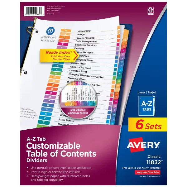 Avery&reg; Ready Index&reg; A-Z Dividers, 26 Tab Sets, Customizable Table of Contents, Multicolor Tabs, 6 Sets (11832)