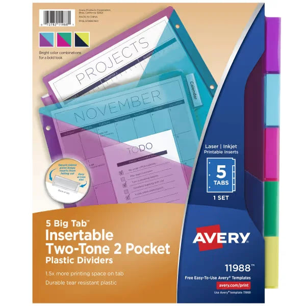 Avery&reg; Big Tab&trade; Plastic 2 Pocket Insertable Tab Dividers, 5-Tab, Bright Two-Tone Multicolor, Works With Sheet Protectors (11988)