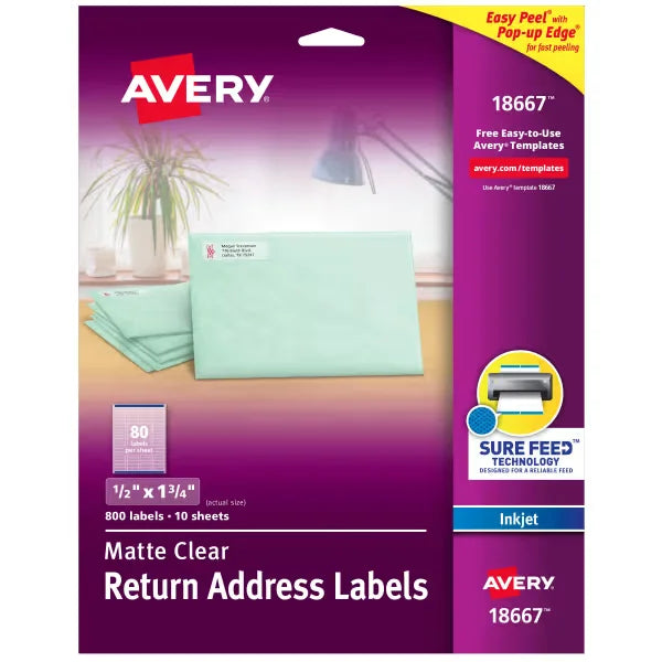Avery&reg; Matte Clear Return Address Labels, Sure Feed&trade; Technology, Inkjet, 1/2" x 1-3/4", 800 Labels (18667)
