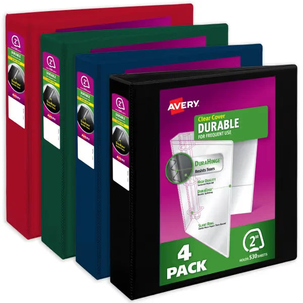 Avery&reg; Durable View 3 Ring Binders, 2 Inch Slant Rings, 530-Sheet Capacity, Assorted Dark Colors (4-Pack of 05638)