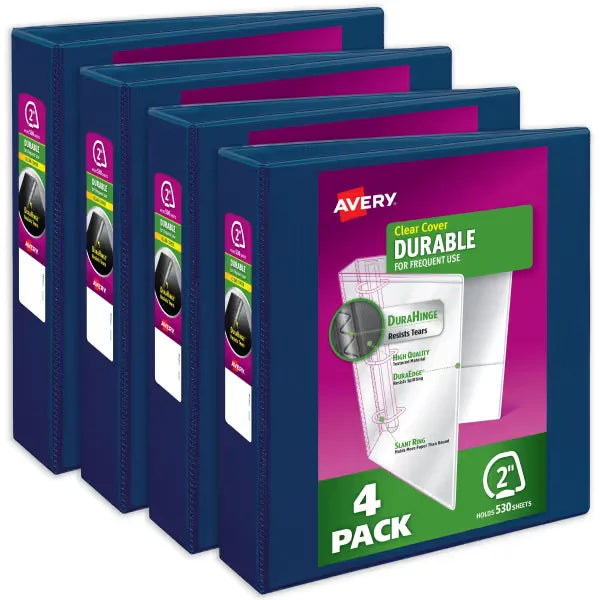 Avery&reg; Durable View 3 Ring Binders, 2 Inch Slant Rings, 530-Sheet Capacity, Dark Blue Binders (4-Pack of 17034)