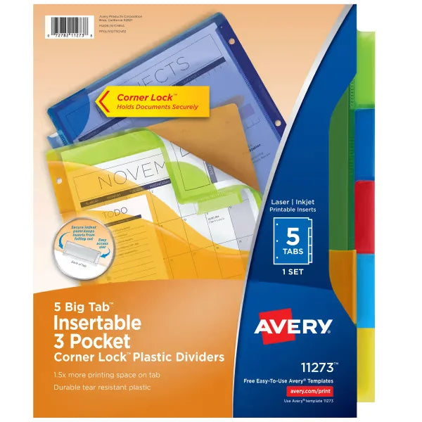 Avery&reg; Big Tab&trade; Plastic Dividers, 5-Tab, Three-Pocket, Corner Lock, Multicolor, Works With Sheet Protectors (11273)