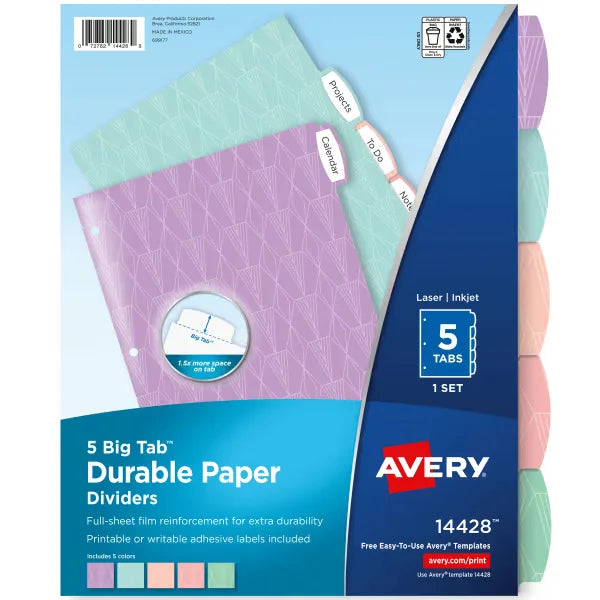 Avery&reg; Big Tab&trade; Durable Paper Dividers, 5-Tab Set, Assorted Pastel Colors, Easy Peel&reg; Labels (14428)