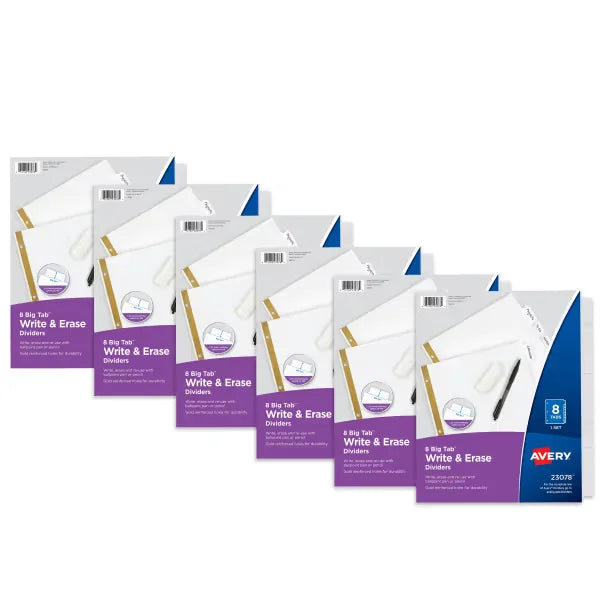 Big Tab&trade; Write & Erase Paper Dividers with Gold Reinforcement, 8-Tab Set, White, 6 Sets (21213)