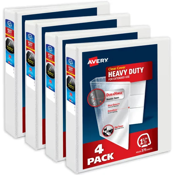 Avery&reg; Heavy-Duty View Binders, 1-1/2" One Touch Slant Rings, 375-Sheet Capacity, 2.1" Wide Spine, White Binders (4-Pack of 79781)