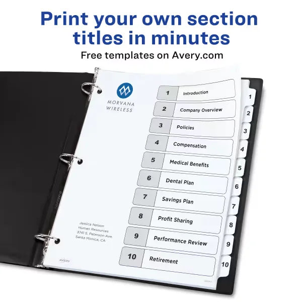 Avery&reg; Ready Index&reg; Dividers for 3 Ring Binders, 10 Tab Sets, Customizable Table of Contents, White Tabs (11134)