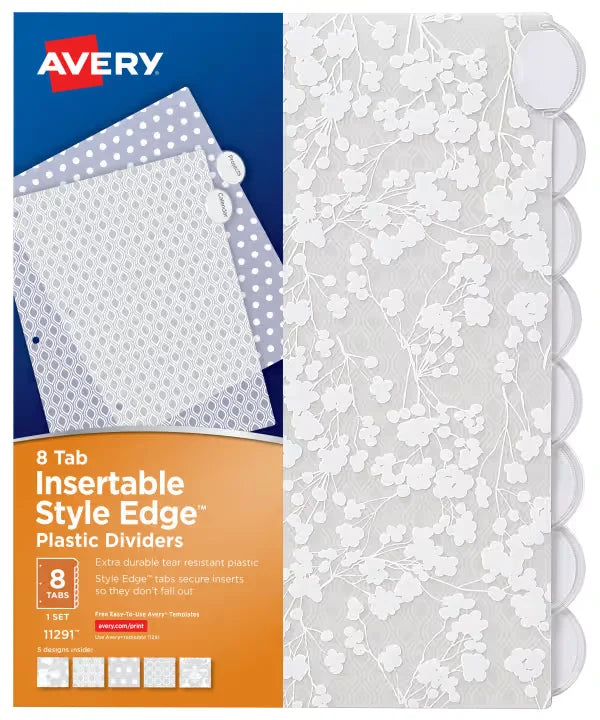 Avery&reg; Style Edge&trade; Insertable Plastic Dividers, 8-Tab Set, Assorted Designs (11291)