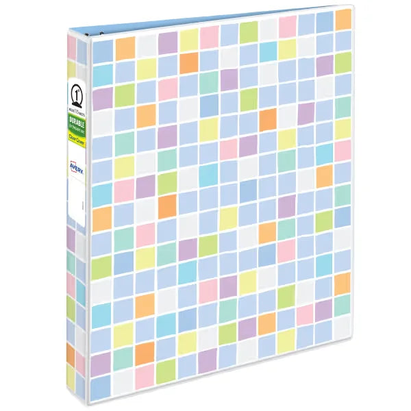 Avery&reg; Durable View Fashion Binder, 1" Round Rings, 175-Sheet Capacity, 1.4" Spine, Pixel Puzzle Design (26737)