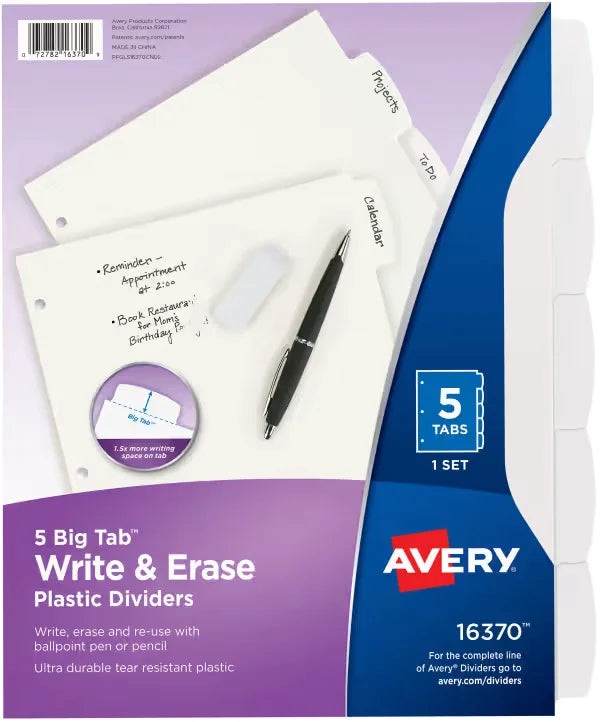 Avery&reg; Big Tab&trade; Write & Erase Plastic Dividers, 5 -Tab Set (16370)
