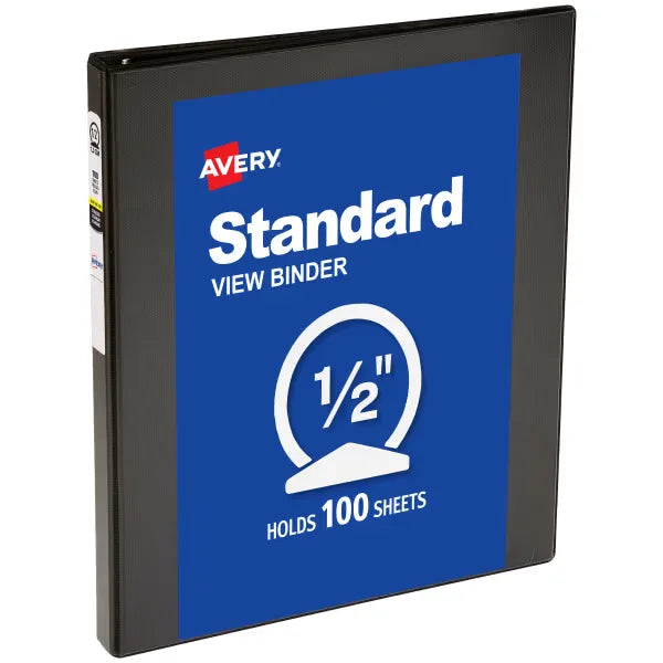 Avery&reg; Standard View Binder, 1/2" Round Rings, 100-Sheet Capacity, 0.7-Inch Wide Spine, Black Binder (05751)