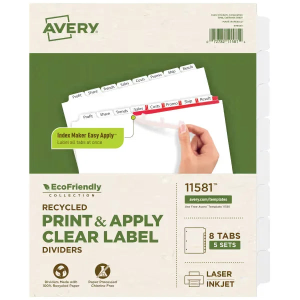 Avery&reg; EcoFriendly Recycled Dividers, 8-Tab, White, Index Maker&reg; Print and Apply Clear Label Strip, 5 Sets (11581)