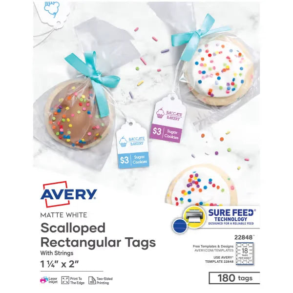 Avery&reg; Scalloped Tags with Sure Feed&reg;, 2" x 1-1/4", White, 180 Printable Tags with Strings (22848)