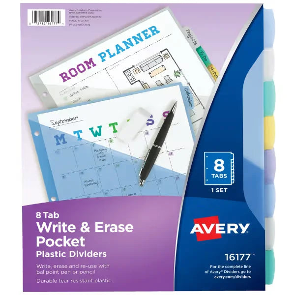 Avery&reg; Write & Erase Pocket Plastic Dividers, 8-Tab, Multicolor, Works With Sheet Protectors (16177)