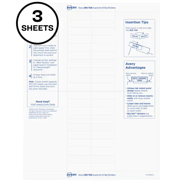 Avery&reg; Big Tab&trade; Insertable Divider Insert Sheet Refills, 8-Tab, 3 Sheets, 60 Inserts (11228)