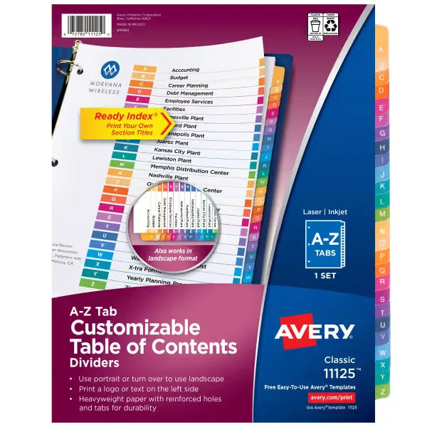 Avery&reg; Ready Index&reg; A-Z Dividers, 26 Tab Sets, Customizable Table of Contents, Multicolor Tabs (11125)