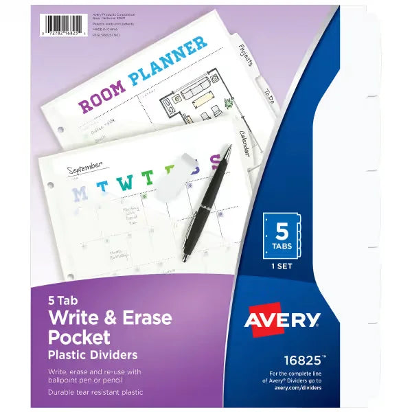 Avery&reg; Durable Plastic 5-Tab Write & Erase Dividers, Slash Pocket, Translucent White, Works With Sheet Protectors (16825)