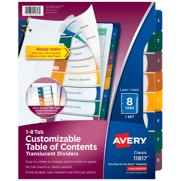 Avery&reg; Ready Index&reg; Plastic 8 Tab Binder Dividers Customizable Table of Contents, Multicolor Tabs, 1 Set (11817)