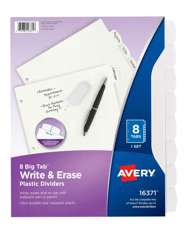 Avery&reg; Big Tab&trade; Write & Erase Plastic Dividers, 8-Tab Set (16371)