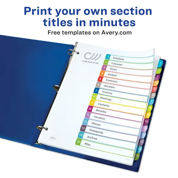Avery&reg; Ready Index&reg; Dividers, 15 Tab Sets, Customizable Table of Contents, Multicolor Arched Tabs (11845)