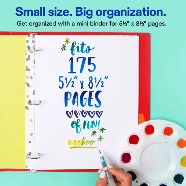 Avery&reg; Mini Binder, 1" Round Rings, 175-Sheet Capacity for 5-1/2" x 8-1/2" Paper, 1.4" Spine, Watercolor Rainbow (18713)