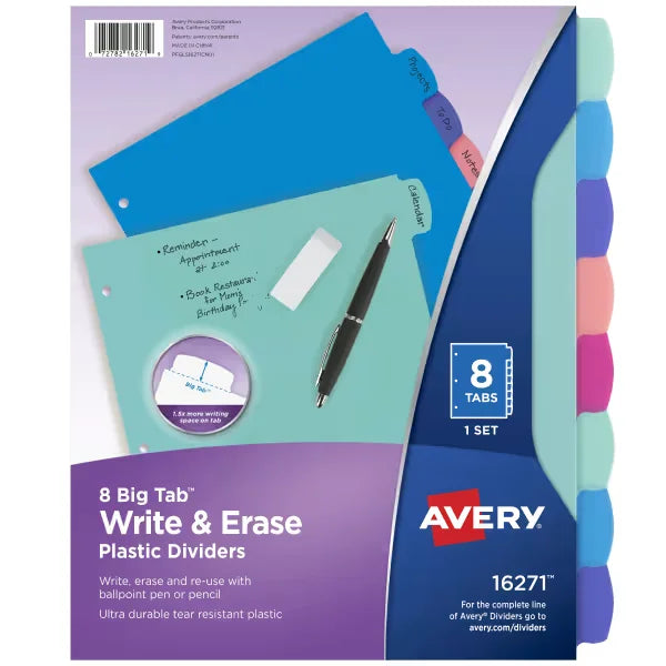 Avery&reg; Big Tab&trade; Write & Erase Durable Plastic Dividers, 8-Tab Set, Pastel Brights (16271)