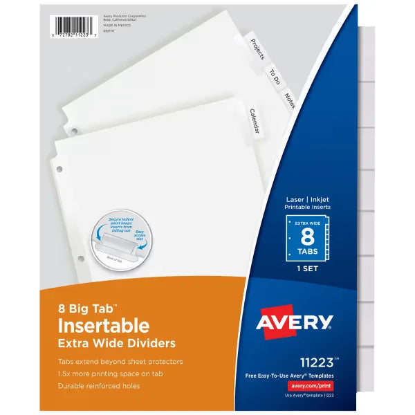 Avery&reg; Extra-Wide Big Tab&trade; Insertable Tab Dividers, 8-Tab, Clear Tabs, Works With Sheet Protectors (11223)