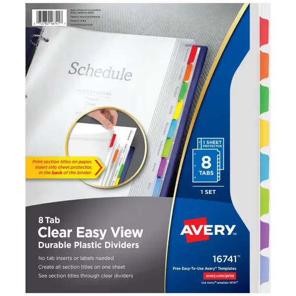 Avery&reg; Clear Easy View Durable Plastic Dividers, 8-Tab Set, Multicolor (16741)