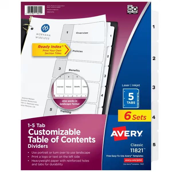 Avery&reg; Ready Index&reg; Dividers for 3 Ring Binders, 5 Tab Sets, Customizable Table of Contents, White Tabs, 6 Sets (11821)