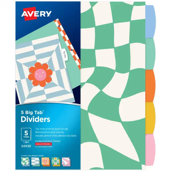 Avery&reg; Big Tab&trade; Reversible Fashion Dividers for 3 Ring Binders, 5 Tab Set, Retro Pattern, 1 Set (24938)