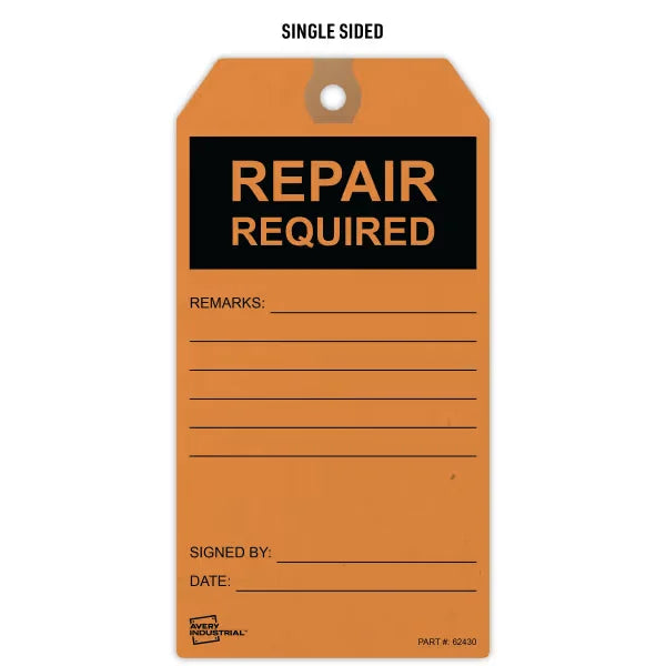 Pack of Tags, Repair Tags, Preprinted Repair Required Hang Tags, Pre-Strung Card Stock, 25ct, 3" x 5-3/4" (62430)