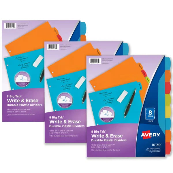 Big Tab&trade; Write & Erase Durable Plastic Dividers, 8-Tab Set, Handwrite Only, Multicolor Brights, 3 Sets (21210)