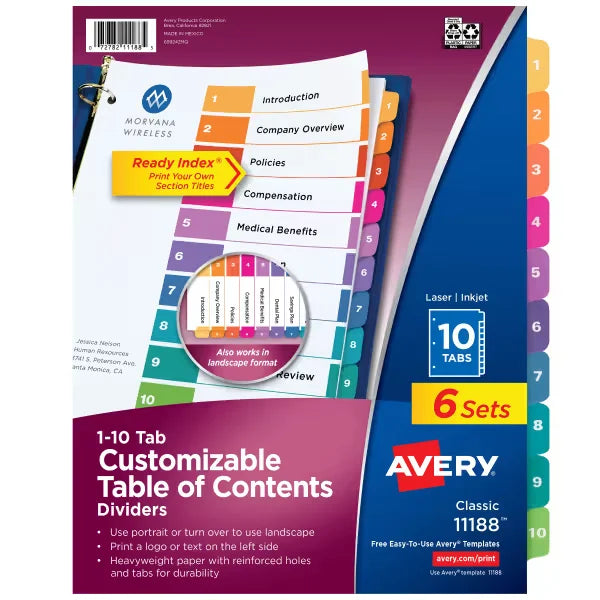Avery&reg; Ready Index&reg; 10 Tab Binder Dividers, Customizable Table of Contents, Multicolor Tabs, 6 Sets (11188)