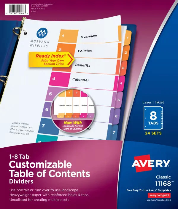 Avery&reg; Ready Index&reg; Dividers, 8 Tab Sets, Customizable Table of Contents, Multicolor Tabs, 24 Sets (11168)