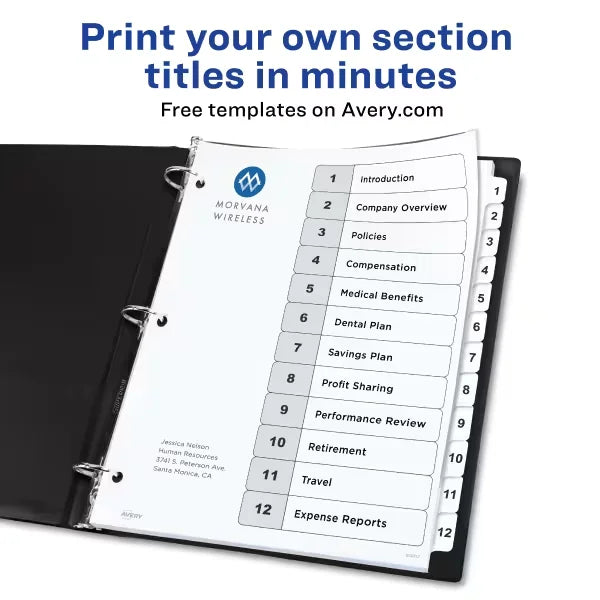 Avery&reg; Ready Index&reg; Dividers for 3 Ring Binders, 12 Tab Sets, Customizable Table of Contents, White Tabs, 6 Sets (11824)