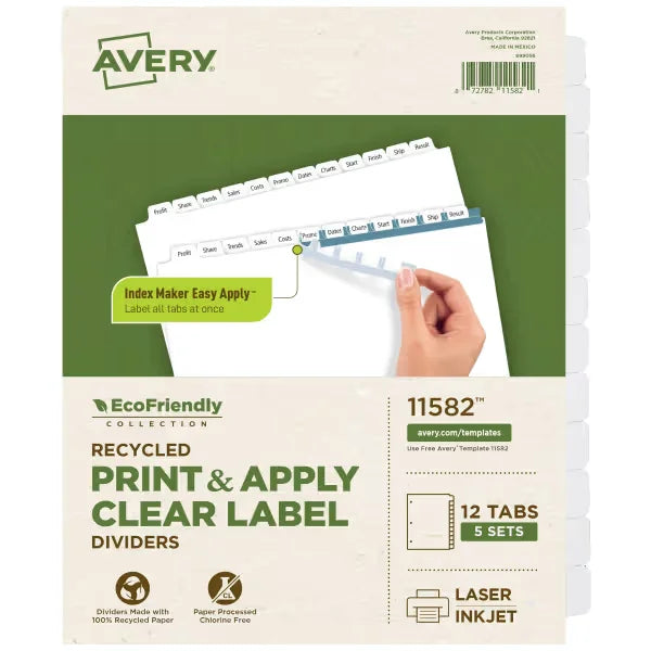 Avery&reg; EcoFriendly Recycled Dividers, 12-Tab, White, Index Maker&reg; Print and Apply Clear Label Strip, 5 Sets (11582)