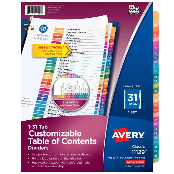 Avery&reg; Ready Index&reg; 1-31 Dividers, 31 Tab Sets, Customizable Table of Contents, Multicolor Tabs (11129)