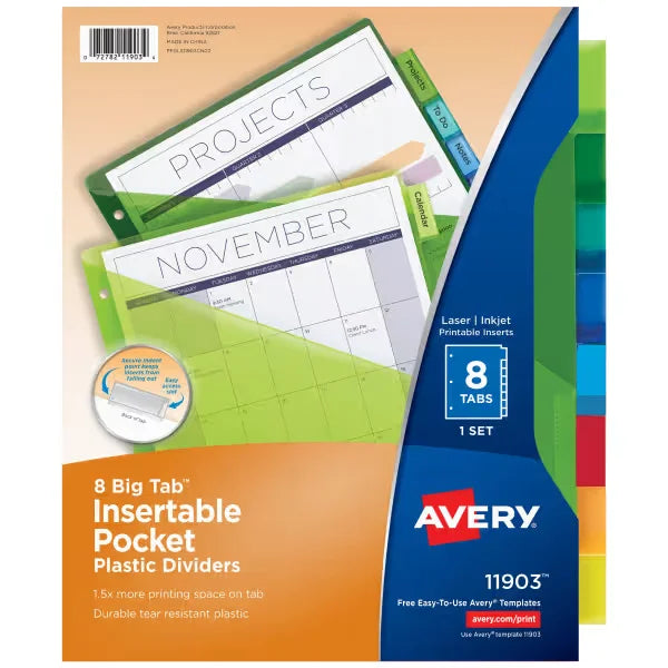 Avery&reg; Big Tab&trade; Dividers, 8-Tab, Plastic Binder Dividers with Pockets, Multicolor, Works With Sheet Protectors (11903)