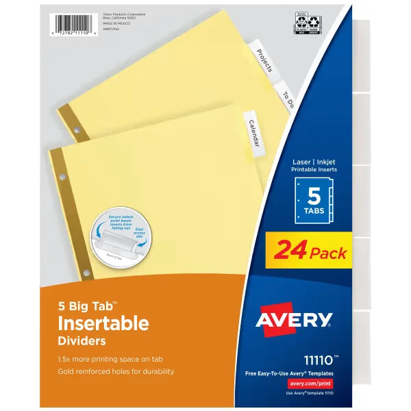 Avery&reg; Big Tab&trade; Insertable Dividers, 5-Tab Sets, Buff Paper, Clear Tabs, 24 Sets (11113)