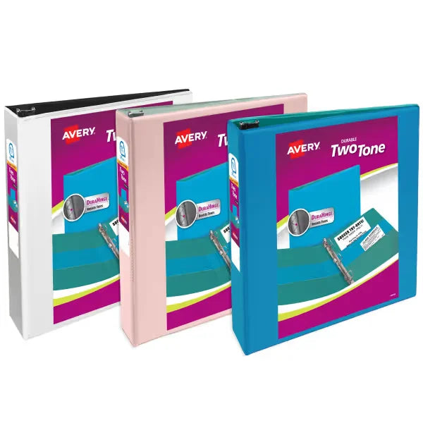 Avery&reg; Two-Tone Durable View Binder, 1-1/2" Slant Rings, 375-Sheet Capacity, Assorted Colors (17291)