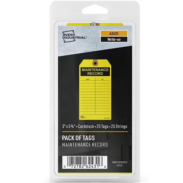 Maintenance Tags, Preprinted Yellow Maintenance Record Hang Tags, Pre-Strung Card Stock, 25ct, 3" x 5-3/4" (62431)