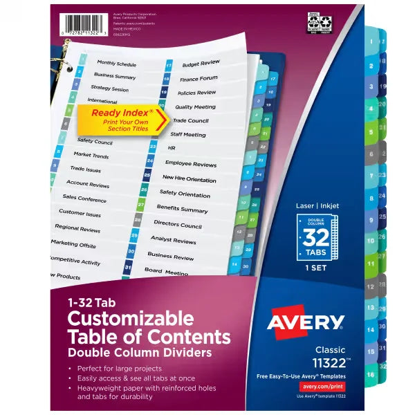 Avery&reg; Ready Index&reg; Double Column Dividers, 32 Tab Sets, Customizable Table of Contents, Multicolor Tabs (11322)