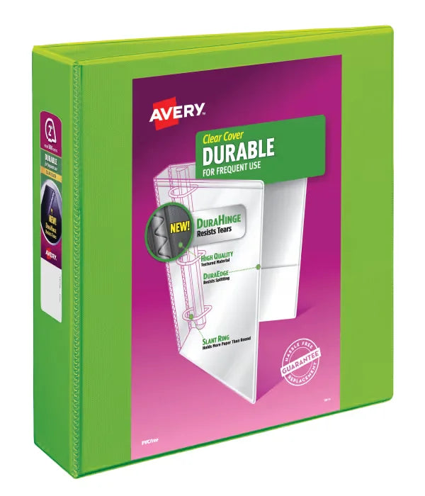 Avery&reg; Durable View Binder, 2" Slant Rings, 500-Sheet Capacity, DuraHinge&trade;, Green (17838)